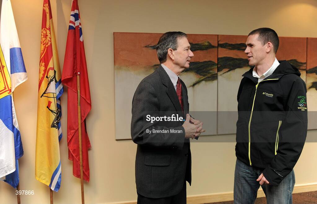 27 January 2010; At the announcement of the Irish team who will compete at the 2010 Winter Olympic Games in Vancouver, Canada, which start of the 12th February next, is, His Excellency, Patrick Binns, Canadian Ambassador to Ireland, in conversation with Irish team member Pat Shannon, Skeleton Bobsleigh. Embassy of Canada to Ireland, Dublin. Picture credit: Brendan Moran / SPORTSFILE