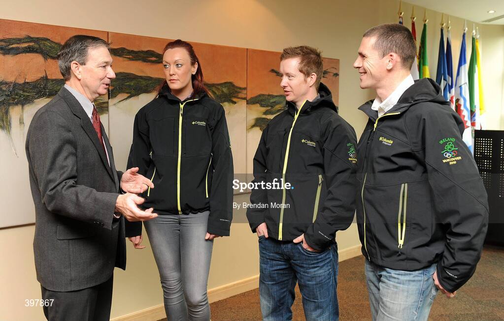 27 January 2010; At the announcement of the Irish team who will compete at the 2010 Winter Olympic Games in Vancouver, Canada, which start of the 12th February next, are, from left, His Excellency, Patrick Binns, Canadian Ambassador to Ireland, with Irish team members, Aoife Hoey, Women's Bobsleigh, Shane O'Connor, Alpine Slalom, and Pat Shannon, Skeleton Bobsleigh. Embassy of Canada to Ireland, Dublin. Picture credit: Brendan Moran / SPORTSFILE
