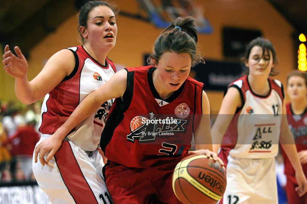 27 January 2010; Georgia Murphy, Alexandra College, Dublin, in action against Gemma Haughey, Abbey Vocational School, Donegal. All-Ireland School Cup Finals 2010 - U19 Girls C Final, Alexandra College, Dublin v Abbey Vocational School, Donegal, National Basketball Arena, Tallaght, Dublin. Picture credit: Brian Lawless / SPORTSFILE