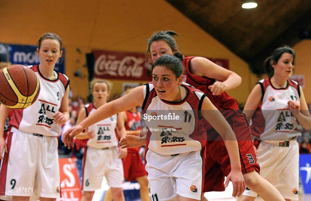 27 January 2010; Gemma Haughey, Abbey Vocational School, Donegal, in action against Georgia Murphy, Alexandra College, Dublin. All-Ireland School Cup Finals 2010 - U19 Girls C Final, Alexandra College, Dublin v Abbey Vocational School, Donegal, National Basketball Arena, Tallaght, Dublin. Picture credit: Brian Lawless / SPORTSFILE