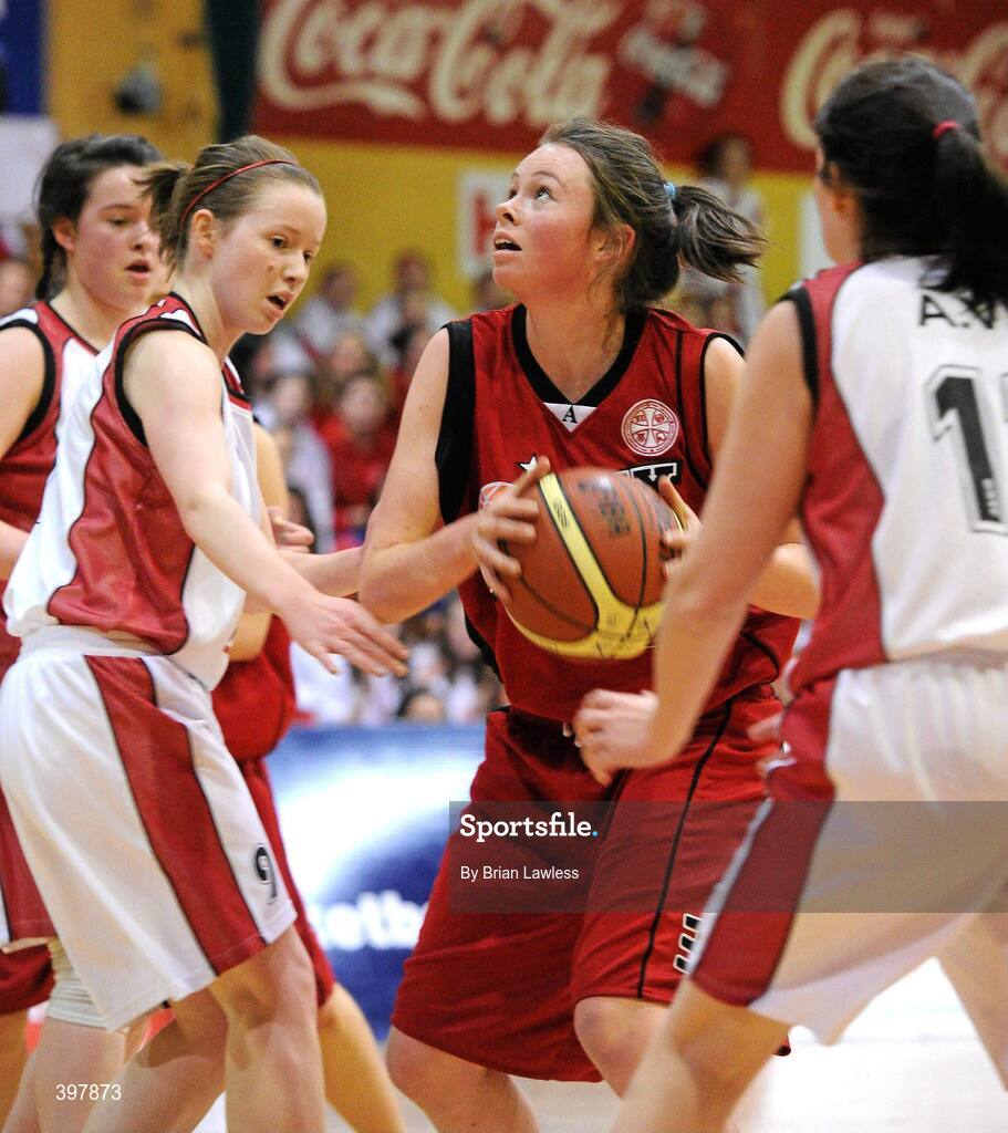 27 January 2010; Georgia Murphy, Alexandra College, Dublin, in action against Rosa Devaney, left, and Gemma Haughey, Abbey Vocational School, Donegal. All-Ireland School Cup Finals 2010 - U19 Girls C Final, Alexandra College, Dublin v Abbey Vocational School, Donegal, National Basketball Arena, Tallaght, Dublin. Picture credit: Brian Lawless / SPORTSFILE