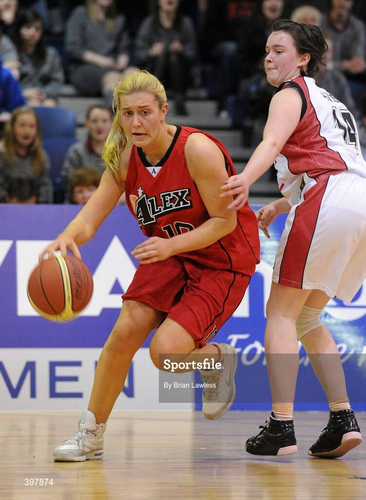 27 January 2010; Georgia McGurk, Alexandra College, Dublin, in action against Yvana Murphy, Abbey Vocational School, Donegal. All-Ireland School Cup Finals 2010 - U19 Girls C Final, Alexandra College, Dublin v Abbey Vocational School, Donegal, National Basketball Arena, Tallaght, Dublin. Picture credit: Brian Lawless / SPORTSFILE
