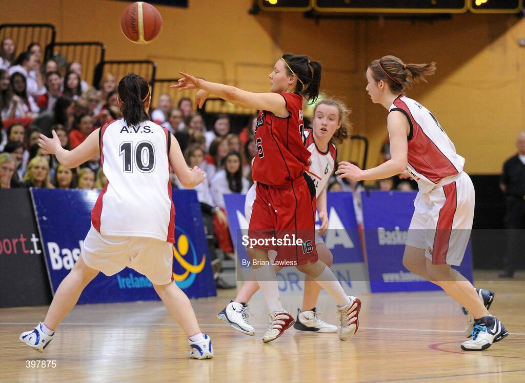 27 January 2010; Rachel Healy, Alexandra College, Dublin, in action against, from left, Shannen Kelly, Kate Keaney, and Rosa Devaney, Abbey Vocational School, Donegal. All-Ireland School Cup Finals 2010 - U19 Girls C Final, Alexandra College, Dublin v Abbey Vocational School, Donegal, National Basketball Arena, Tallaght, Dublin. Picture credit: Brian Lawless / SPORTSFILE