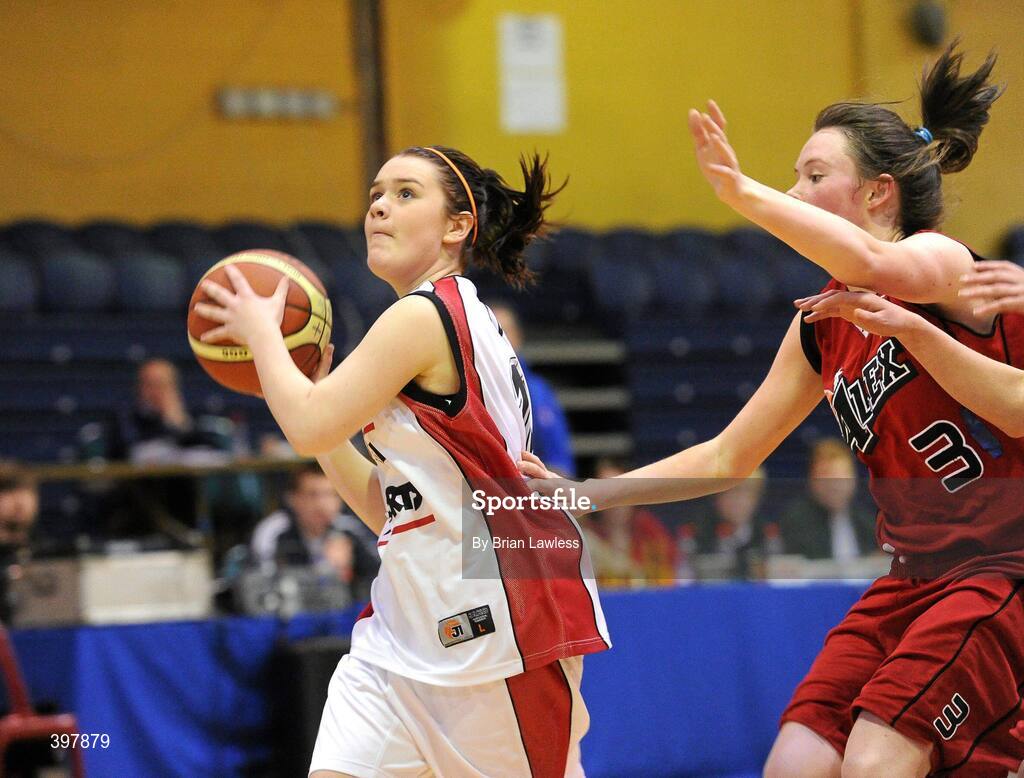 27 January 2010; Shannen Kelly, Abbey Vocational School, Donegal, in action against Georgia Murphy, Alexandra College, Dublin. All-Ireland School Cup Finals 2010 - U19 Girls C Final, Alexandra College, Dublin v Abbey Vocational School, Donegal, National Basketball Arena, Tallaght, Dublin. Picture credit: Brian Lawless / SPORTSFILE