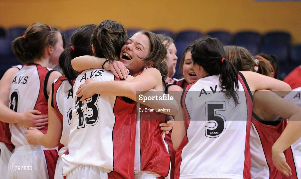 27 January 2010; Abbey Vocational School players Caoimhe Cox, right, and Nicola Coyle, celebrate after the match. All-Ireland School Cup Finals 2010 - U19 Girls C Final, Alexandra College, Dublin v Abbey Vocational School, Donegal, National Basketball Arena, Tallaght, Dublin. Picture credit: Brian Lawless / SPORTSFILE