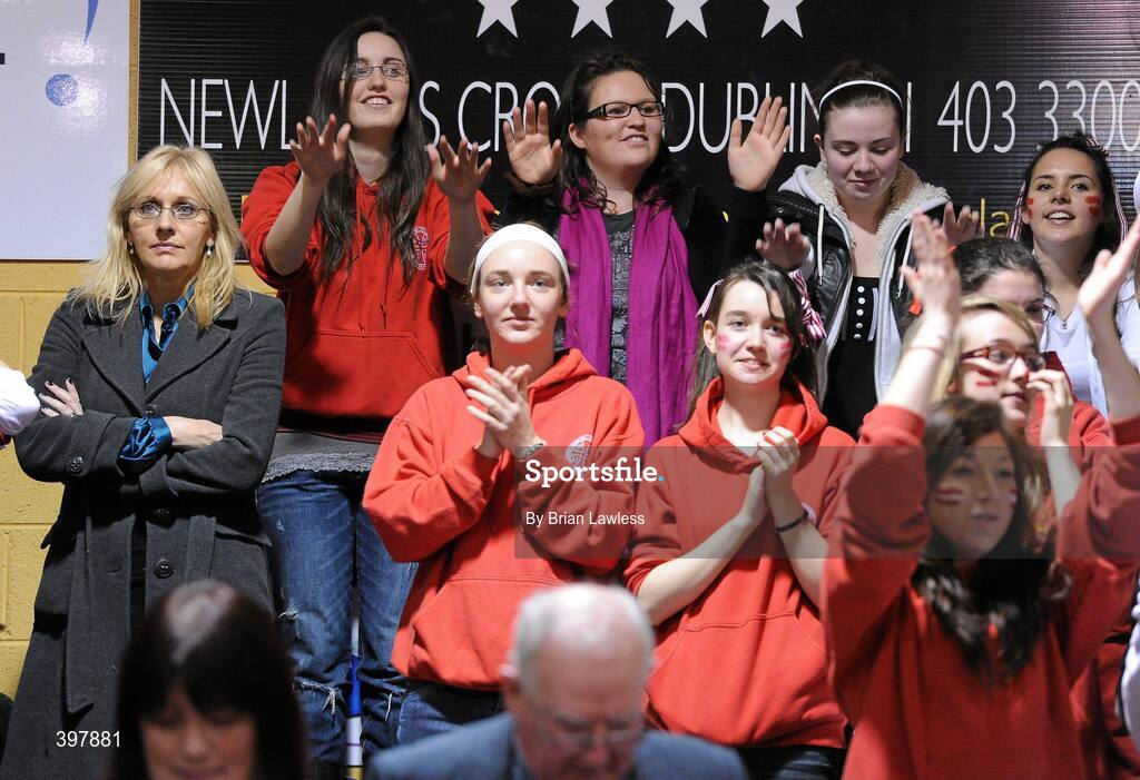 27 January 2010; RTE Presenter Miriam O'Callaghan watches on during the match. Miriam's daughter Maud O'Callaghan was playing for Alexandra College. All-Ireland School Cup Finals 2010 - U19 Girls C Final, Alexandra College, Dublin v Abbey Vocational School, Donegal, National Basketball Arena, Tallaght, Dublin. Picture credit: Brian Lawless / SPORTSFILE