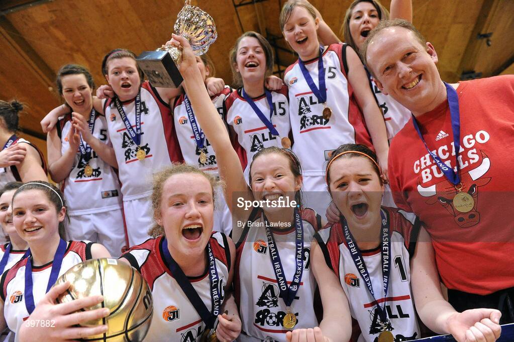 27 January 2010; The Abbey Vocational School team celebrate with the cup. All-Ireland School Cup Finals 2010 - U19 Girls C Final, Alexandra College, Dublin v Abbey Vocational School, Donegal, National Basketball Arena, Tallaght, Dublin. Picture credit: Brian Lawless / SPORTSFILE