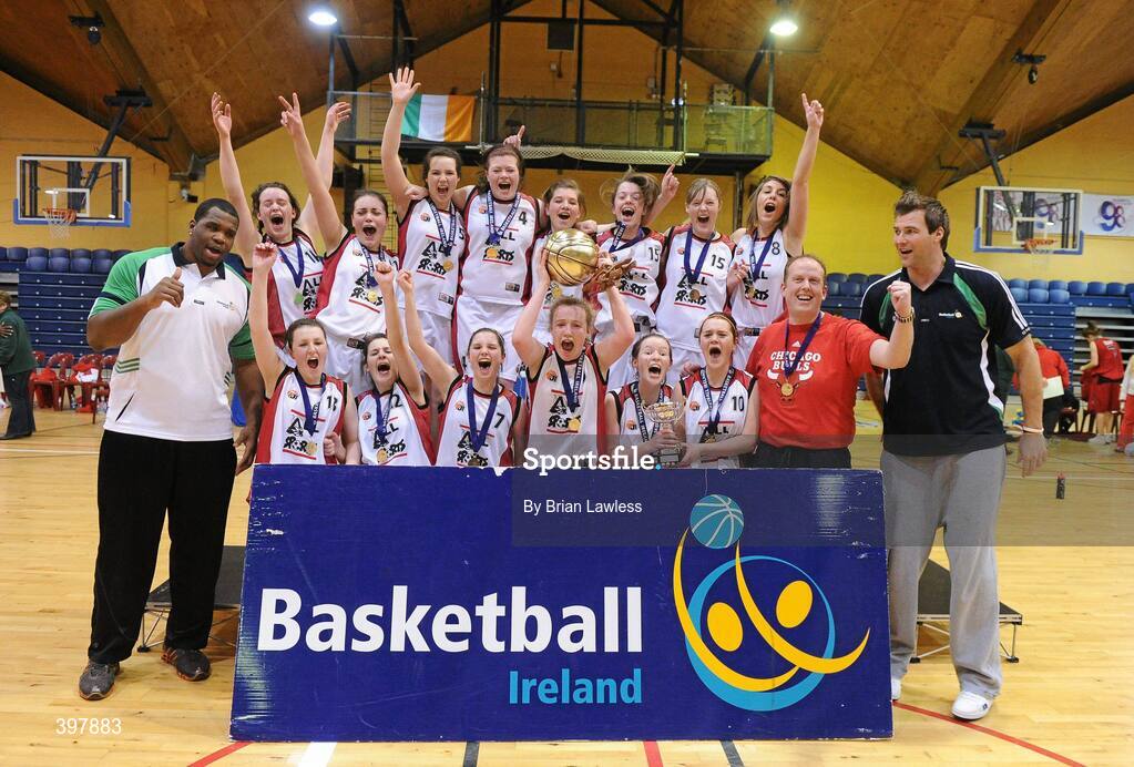 27 January 2010; The Abbey Vocational School team celebrate with the cup. All-Ireland School Cup Finals 2010 - U19 Girls C Final, Alexandra College, Dublin v Abbey Vocational School, Donegal, National Basketball Arena, Tallaght, Dublin. Picture credit: Brian Lawless / SPORTSFILE