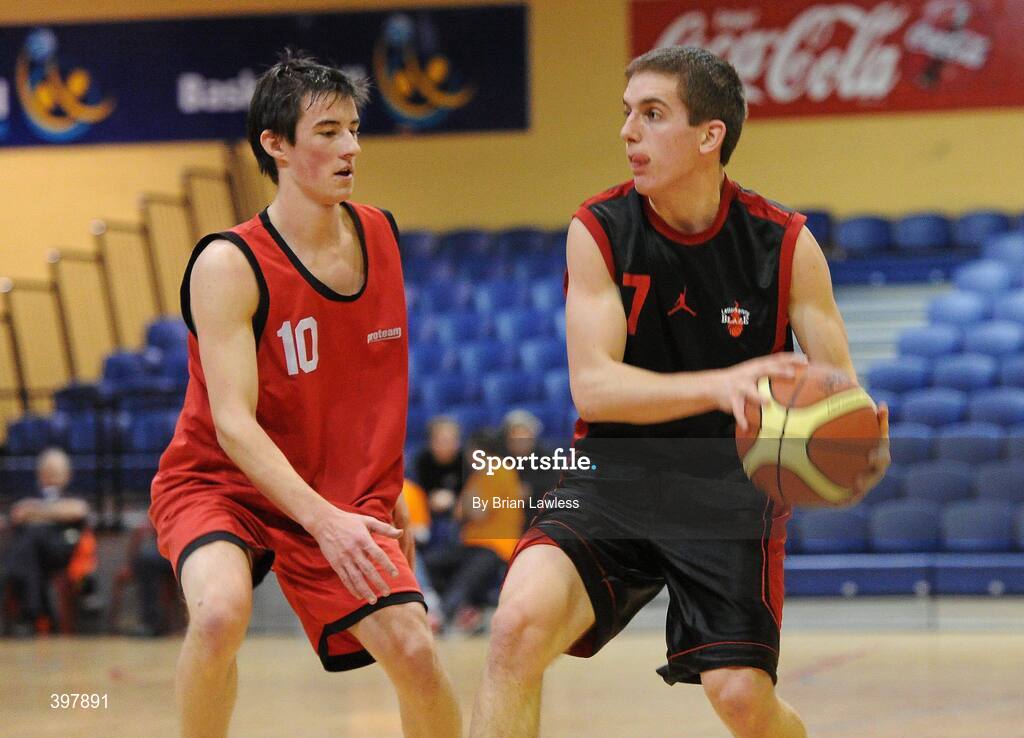 27 January 2010; Aodhán Hickey, St. Eunans, Letterkenny, in action against Adam Ingle, Chanel College, Dublin. All-Ireland School Cup Finals 2010 - U19 Boys B Final, St. Eunans, Letterkenny v Chanel College, Dublin, National Basketball Arena, Tallaght, Dublin. Picture credit: Brian Lawless / SPORTSFILE