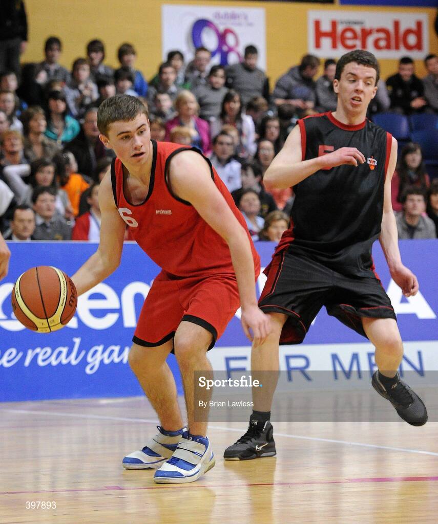 27 January 2010; Michael Gleeson, Chanel College, Dublin, in action against Ciaran Hegarty, St. Eunans, Letterkenny. All-Ireland School Cup Finals 2010 - U19 Boys B Final, St. Eunans, Letterkenny v Chanel College, Dublin, National Basketball Arena, Tallaght, Dublin. Picture credit: Brian Lawless / SPORTSFILE