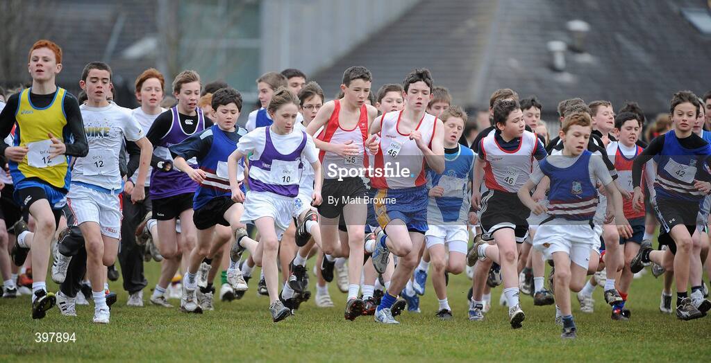 27 January 2010; The start of the Minor Boys 1500m race at  the DCU Invitational Cross Country competition. Dublin City University, Glasnevin, Dublin. Picture credit: Matt Browne / SPORTSFILE