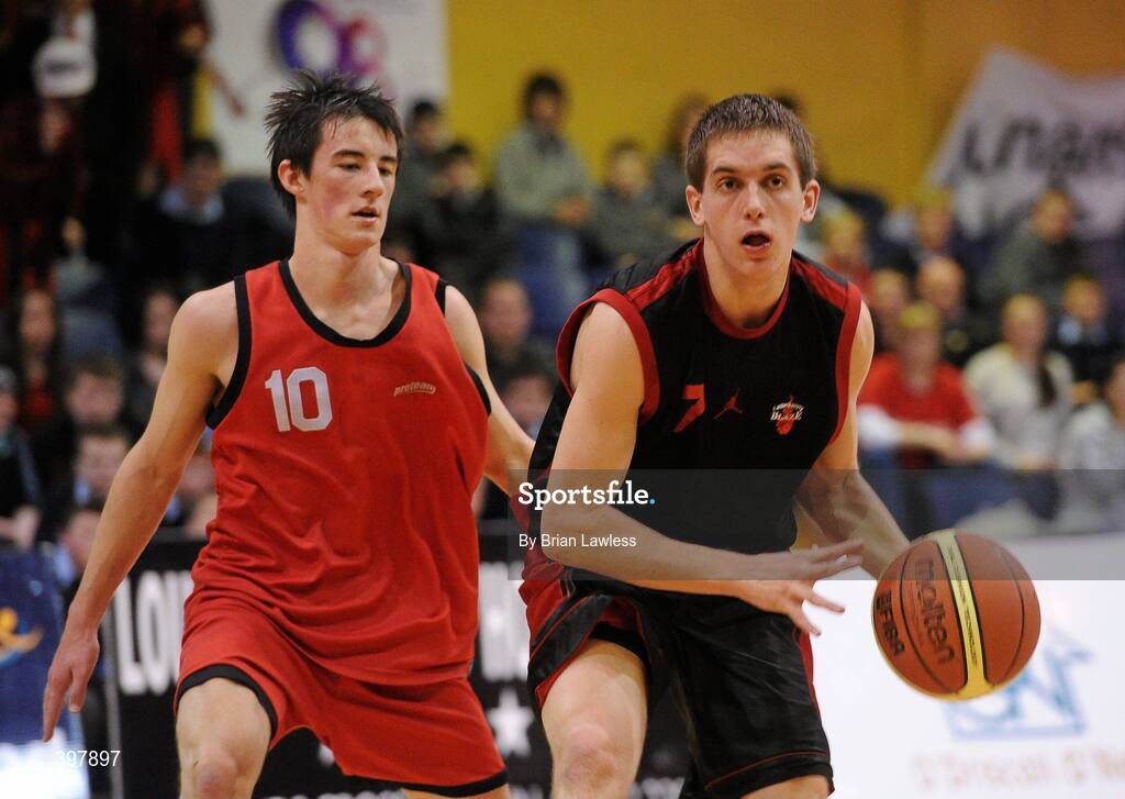 27 January 2010; Aodhán Hickey, St. Eunans, Letterkenny, in action against Adam Ingle, Chanel College, Dublin. All-Ireland School Cup Finals 2010 - U19 Boys B Final, St. Eunans, Letterkenny v Chanel College, Dublin, National Basketball Arena, Tallaght, Dublin. Picture credit: Brian Lawless / SPORTSFILE