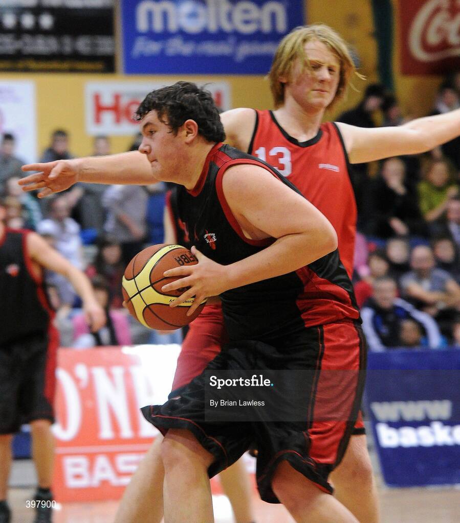 27 January 2010; Michael Foy, St. Eunans, Letterkenny, in action against Feargal Wright, Chanel College, Dublin. All-Ireland School Cup Finals 2010 - U19 Boys B Final, St. Eunans, Letterkenny v Chanel College, Dublin, National Basketball Arena, Tallaght, Dublin. Picture credit: Brian Lawless / SPORTSFILE