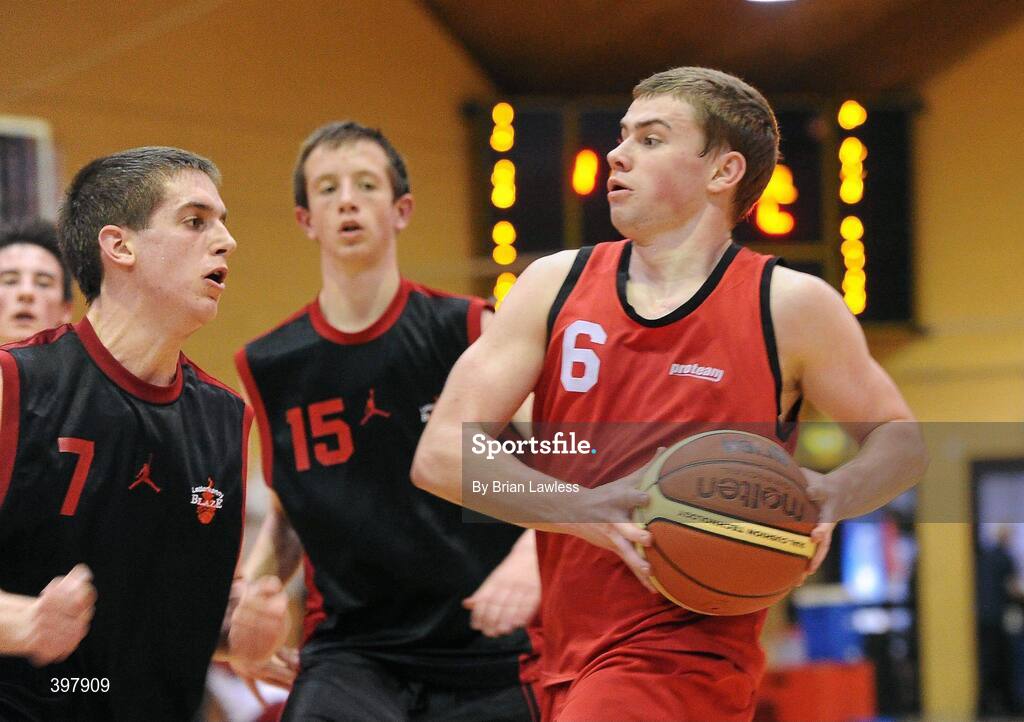 27 January 2010; Michael Gleeson, Chanel College, Dublin, in action against Aodhán Hickey, St. Eunans, Letterkenny. All-Ireland School Cup Finals 2010 - U19 Boys B Final, St. Eunans, Letterkenny v Chanel College, Dublin, National Basketball Arena, Tallaght, Dublin. Picture credit: Brian Lawless / SPORTSFILE