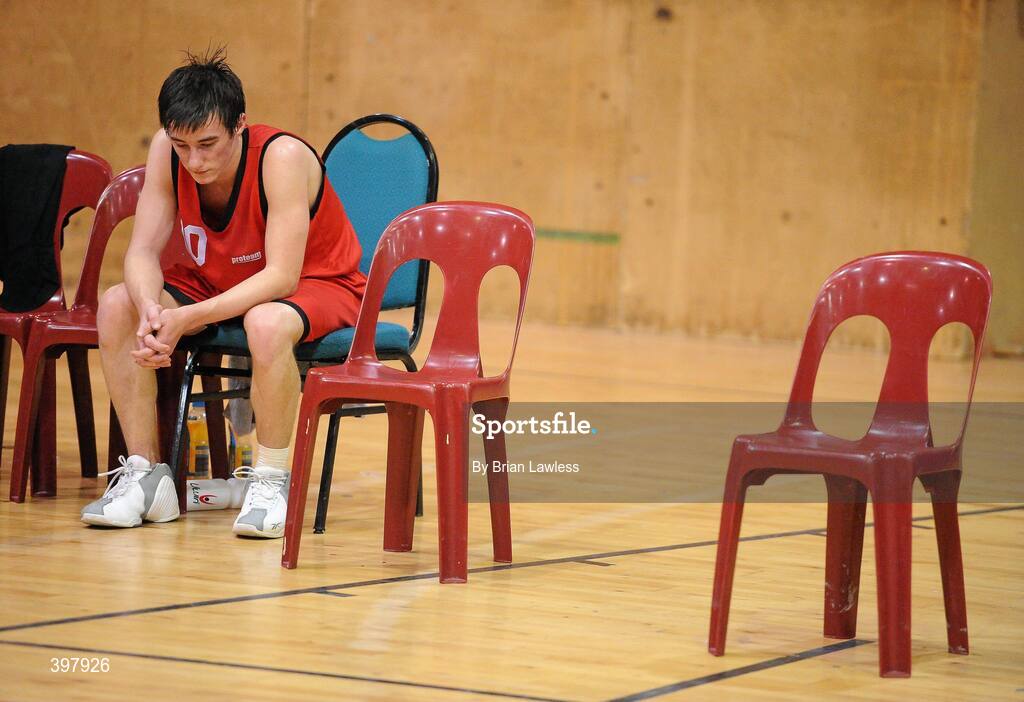 27 January 2010; Adam Ingle, Chanel College, Dublin, shows his disappointment after the match. All-Ireland School Cup Finals 2010 - U19 Boys B Final, St. Eunans, Letterkenny v Chanel College, Dublin, National Basketball Arena, Tallaght, Dublin. Picture credit: Brian Lawless / SPORTSFILE