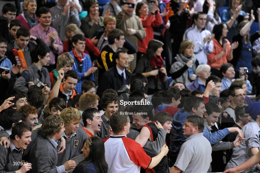 27 January 2010; Ciaran Hegarty, St. Eunans, Letterkenny, is congratulated by pupils from his school after the match. All-Ireland School Cup Finals 2010 - U19 Boys B Final, St. Eunans, Letterkenny v Chanel College, Dublin, National Basketball Arena, Tallaght, Dublin. Picture credit: Brian Lawless / SPORTSFILE