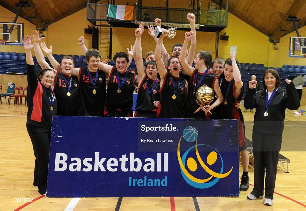 27 January 2010; The, St. Eunans, Letterkenny, team celebrate with the cup. All-Ireland School Cup Finals 2010 - U19 Boys B Final, St. Eunans, Letterkenny v Chanel College, Dublin, National Basketball Arena, Tallaght, Dublin. Picture credit: Brian Lawless / SPORTSFILE