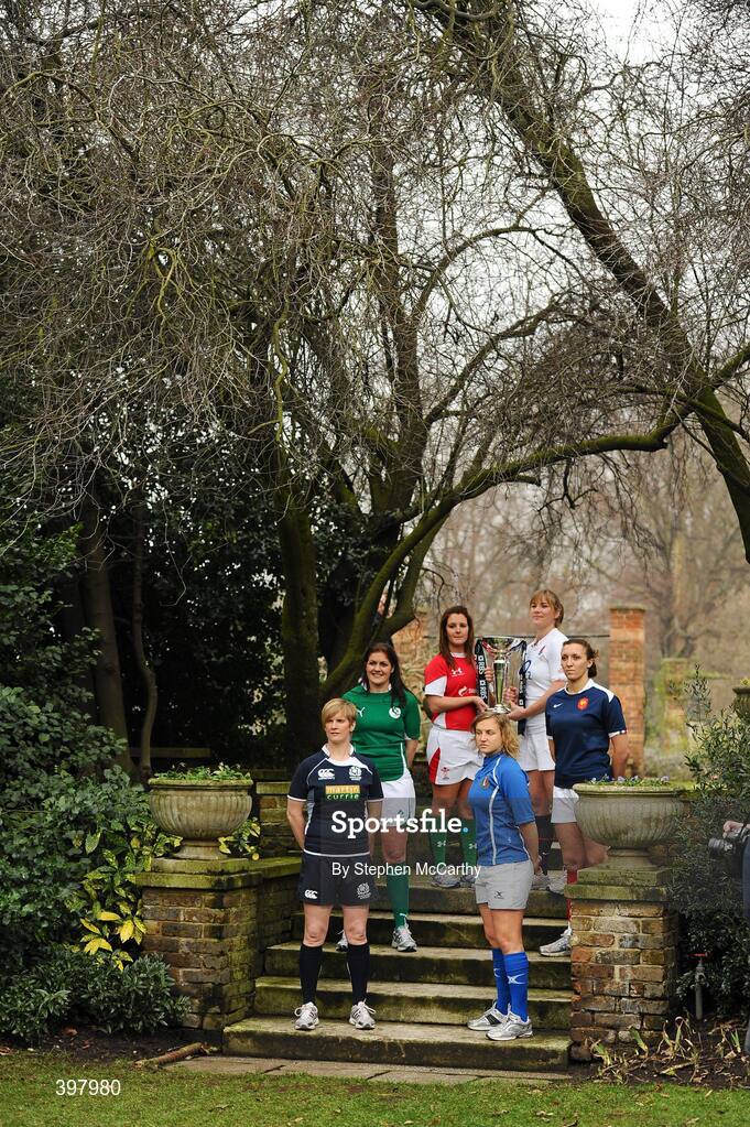 27 January 2010; Women's captains, from left, Lynn Reid, Scotland, Fiona Coughlan, Ireland, Wales stand-in captain Catriona Nicholas, Paola Zangirolami, Italy, Catherine Spencer, England, and Sandra Rabier, France, at the RBS Six Nations Rugby Championship launch. The Hurlingham Club, Ranelagh Gardens, London, England. Picture credit: Stephen McCarthy / SPORTSFILE