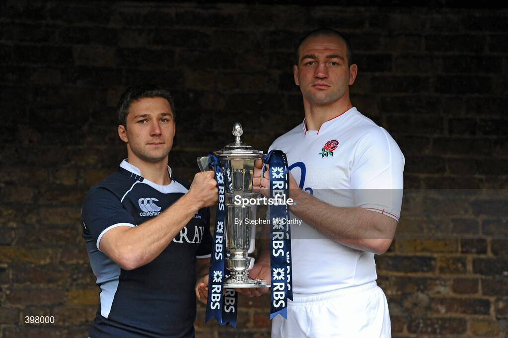 27 January 2010; Scotland captain Chris Cusiter and England captain Steve Borthwick at the RBS Six Nations Rugby Championship launch. The Hurlingham Club, Ranelagh Gardens, London, England. Picture credit: Stephen McCarthy / SPORTSFILE