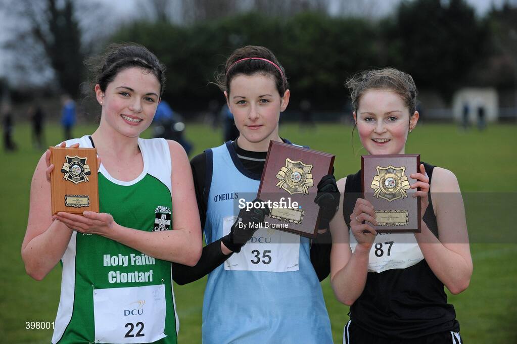 27 January 2010; Winner of the Senior Girls race Niamh Denny, centre, from Our Lady's Grove Goatstown, with second place Shauna Moore, right, from Dunshaughlin Co. Meath, and third place Maria O'Sullivan, left, from Holy Faith Secondary School Clontarf, with their plaques after the DCU Invitational Cross Country competition. Dublin City University, Glasnevin, Dublin. Picture credit: Matt Browne / SPORTSFILE