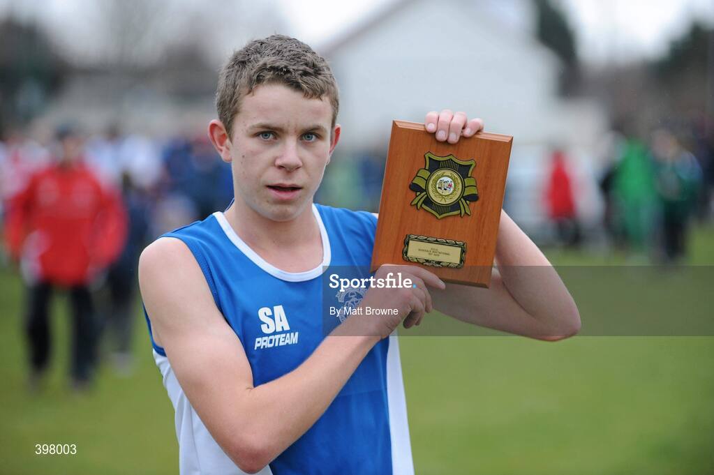27 January 2010; Stephen Attride, from Knockbeg College Co. Carlow, with his plaque after winning the Boys Intermediate race at the DCU Invitational Cross Country competition. Dublin City University, Glasnevin, Dublin. Picture credit: Matt Browne / SPORTSFILE
