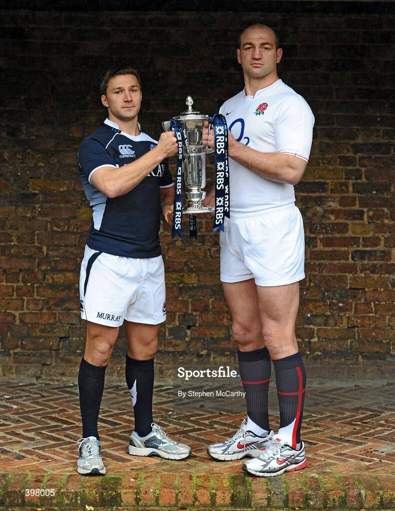 27 January 2010; Scotland captain Chris Cusiter and England captain Steve Borthwick at the RBS Six Nations Rugby Championship launch. The Hurlingham Club, Ranelagh Gardens, London, England. Picture credit: Stephen McCarthy / SPORTSFILE