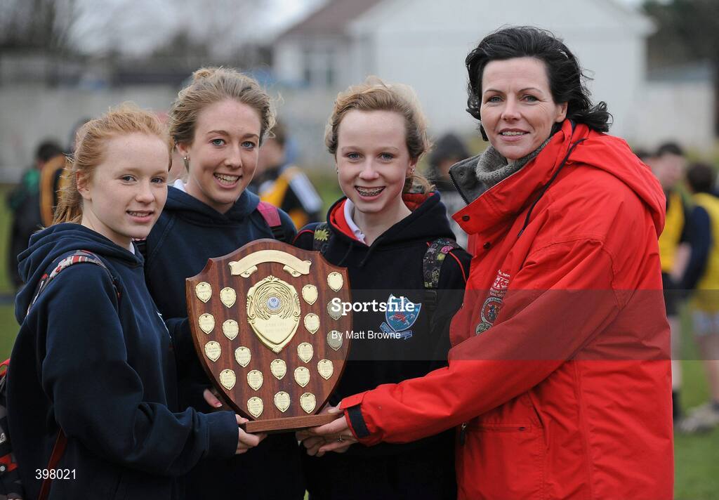 27 January 2010; Pupils Sarah Hankshaw, Sarah Webb, Sophie Lyons and teacher Brigid Corrigan at the DCU Invitational Cross Country competition. Dublin City University, Glasnevin, Dublin. Picture credit: Matt Browne / SPORTSFILE