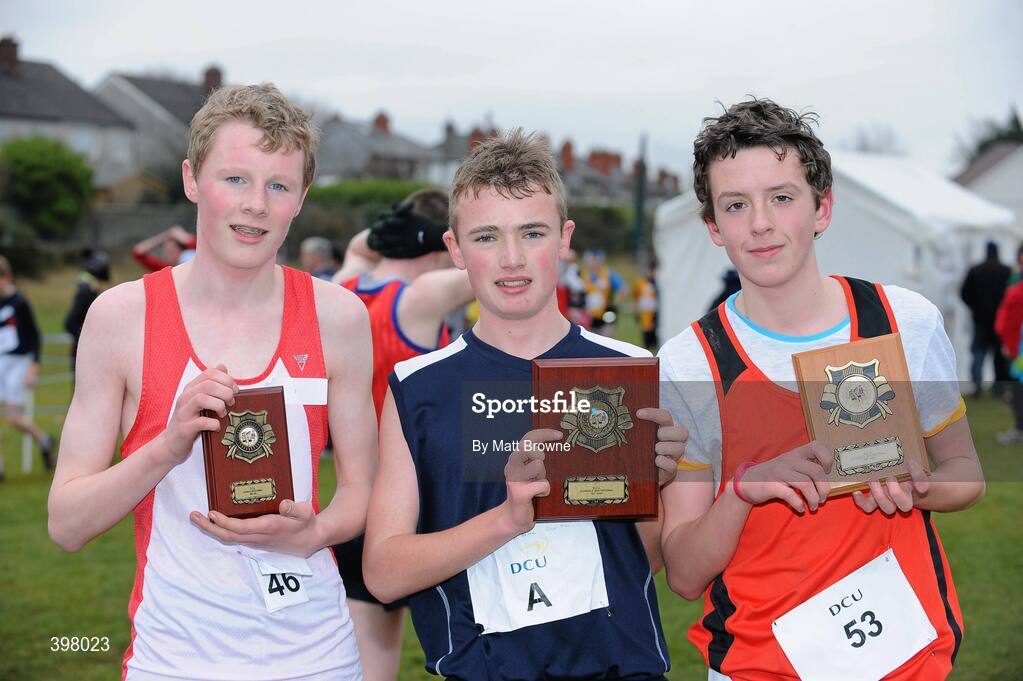27 January 2010; Winner of the Boys Junior race Aaron Hanlon, centre, from St Mary's Secondary Schools Drogheda, Co. Louth, with second place Cillian Kirwan, right, from St Fintans High school Sutton, Co. Dubli,n and third place Liam Ashton, from St. Aideans Secondary School Santry, with their plaques after the Boys Junior race at the DCU Invitational Cross Country competition. Dublin City University, Glasnevin, Dublin. Picture credit: Matt Browne / SPORTSFILE