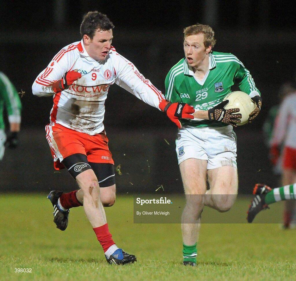 27 January 2010; Tommy McElroy, Fermanagh, in action against Conor Gormley, Tyrone. Barrett Sports Lighting Dr. McKenna Cup Semi-Final, Tyrone v Fermanagh, Healy Park, Omagh, Co. Tyrone. Picture credit: Oliver McVeigh / SPORTSFILE