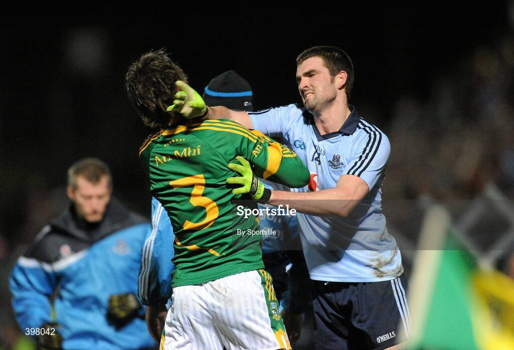 27 January 2010; Colin Daly, Dublin, strikes James Macken, Meath, during the game. O'Byrne Cup Quarter-Final replay, Meath v Dublin, Pairc Tailteann, Navan, Co. Meath. Photo by Sportsfile
