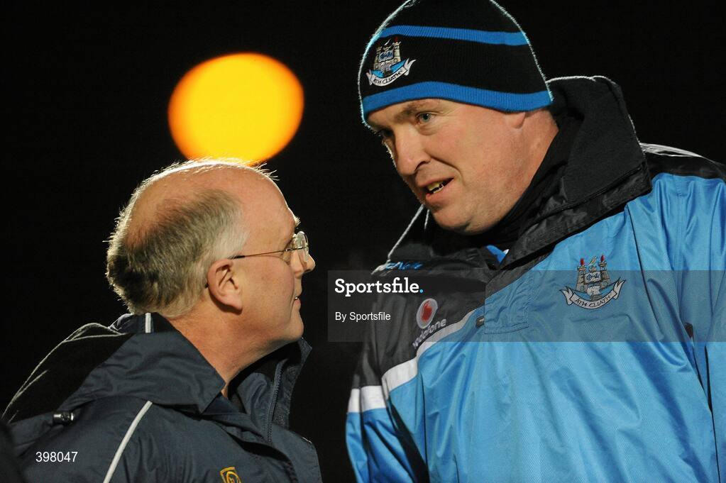 27 January 2010; Dublin manager Pat Gilroy, right, in converastion with Meath manager Eamon O'Brien before the start of the game. O'Byrne Cup Quarter-Final replay, Meath v Dublin, Pairc Tailteann, Navan, Co. Meath. Photo by Sportsfile