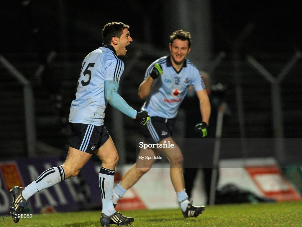 27 January 2010; Dublin's Bernard Brogan, left, celebrates after scoring his side's first goal with team-mate Kevin Bonner. O'Byrne Cup Quarter-Final replay, Meath v Dublin, Pairc Tailteann, Navan, Co. Meath. Photo by Sportsfile