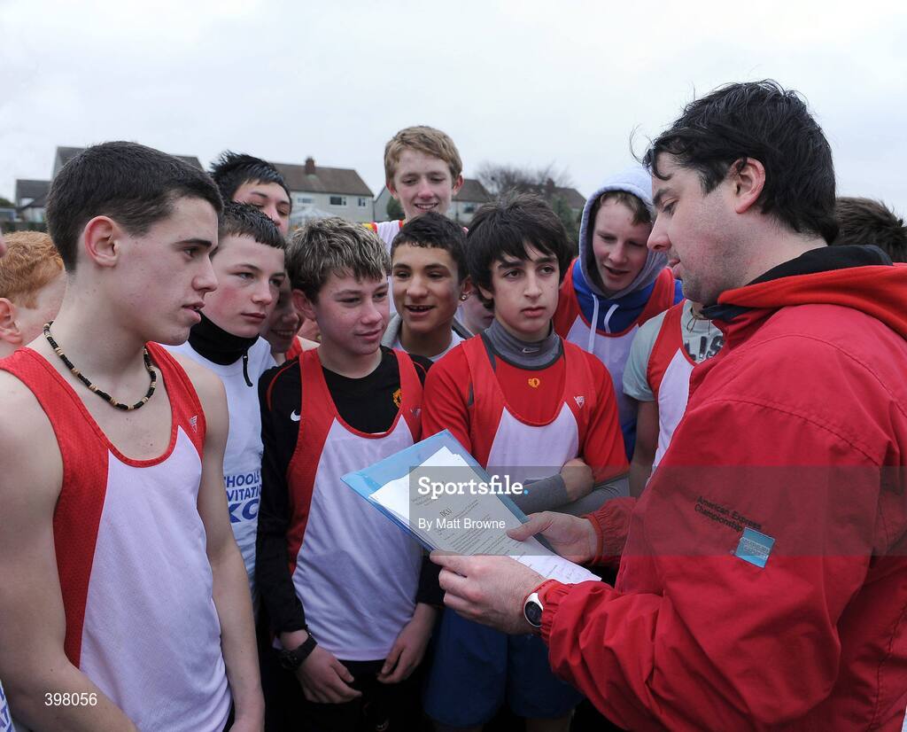 27 January 2010; Alan O'Neill with pupils from St. Aidans Secondary School Santry at the DCU Invitational Cross Country competition. Dublin City University, Glasnevin, Dublin. Picture credit: Matt Browne / SPORTSFILE