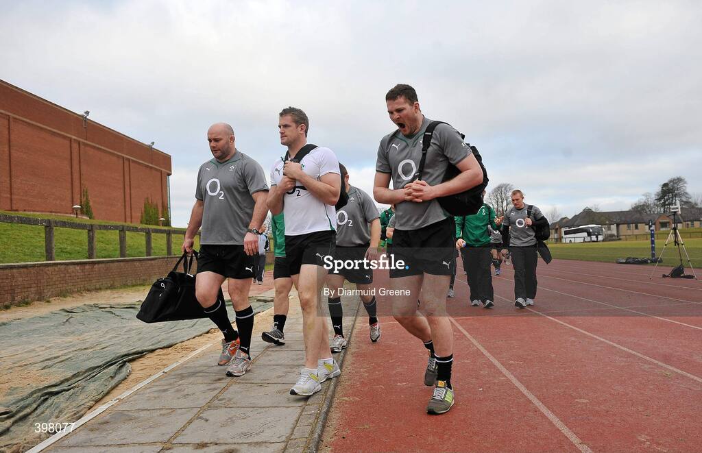 28 January 2010; Ireland players, from left, John Hayes, Jamie Heaslip and Donnacha Ryan arrive ahead of squad training ahead of their opening RBS Six Nations Rugby Championship game against Italy on February 6th. University of Limerick, Limerick. Picture credit: Diarmuid Greene / SPORTSFILE