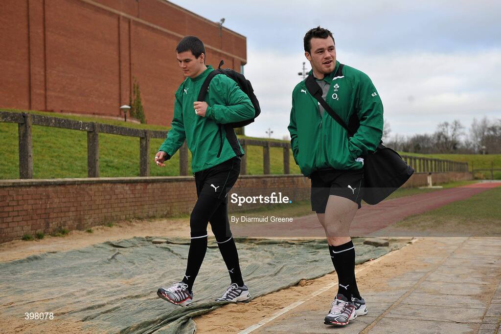 28 January 2010; Ireland's Cian Healy and Jonathan Sexton, left, arrive ahead of squad training ahead of their opening RBS Six Nations Rugby Championship game against Italy on February 6th. University of Limerick, Limerick. Picture credit: Diarmuid Greene / SPORTSFILE