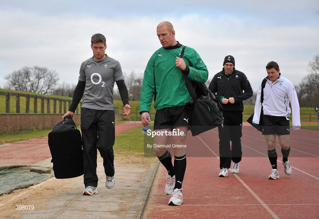 28 January 2010; Ireland players, from left, Ronan O'Gara, Paul O'Connell, Shane Horgan and Brian O'Driscoll arrive for squad training ahead of their opening RBS Six Nations Rugby Championship game against Italy on February 6th. University of Limerick, Limerick. Picture credit: Diarmuid Greene / SPORTSFILE