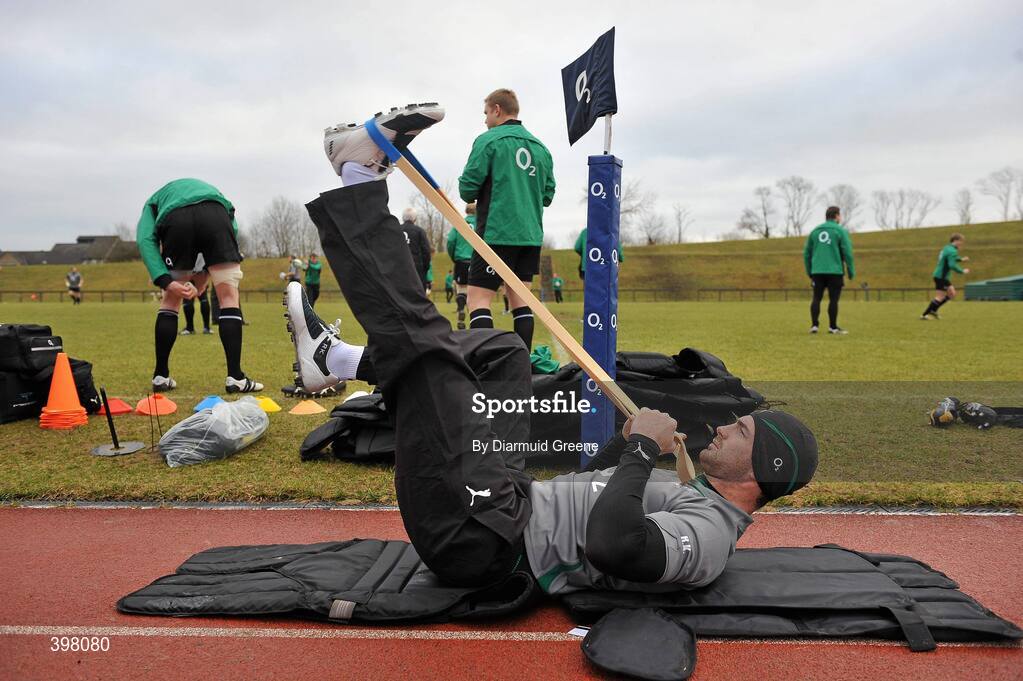 28 January 2010; Ireland's Rob Kearney stretches before squad training ahead of their opening RBS Six Nations Rugby Championship game against Italy on February 6th. University of Limerick, Limerick. Picture credit: Diarmuid Greene / SPORTSFILE