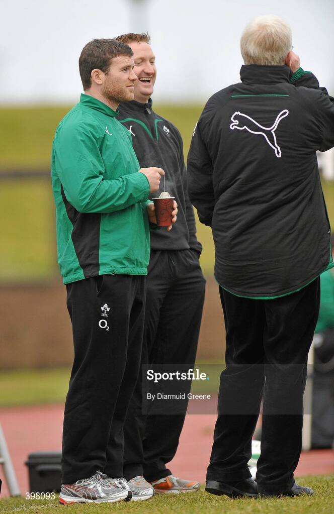 28 January 2010; Ireland's Gordon D'Arcy sits out squad training, alongside communications manager Karl Richardson and team manager Paul McNaughton ahead of their opening RBS Six Nations Rugby Championship game against Italy on February 6th. University of Limerick, Limerick. Picture credit: Diarmuid Greene / SPORTSFILE