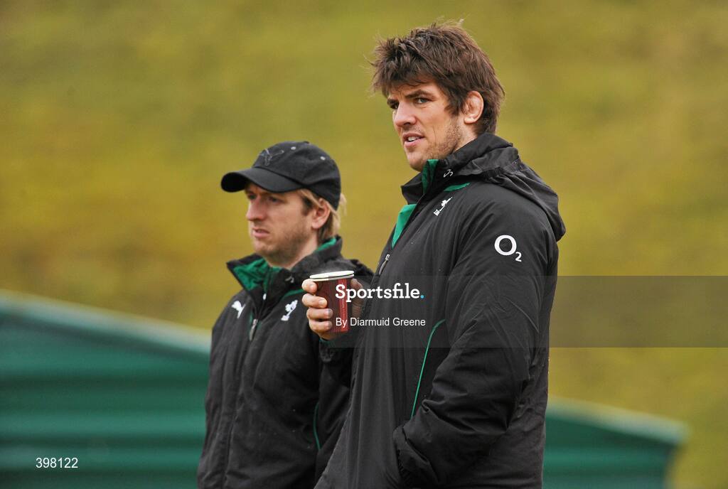 28 January 2010; Ireland's Donncha O'Callaghan, right, sits out squad training alongside physio Brian Green ahead of their opening RBS Six Nations Rugby Championship game against Italy on February 6th. University of Limerick, Limerick. Picture credit: Diarmuid Greene / SPORTSFILE