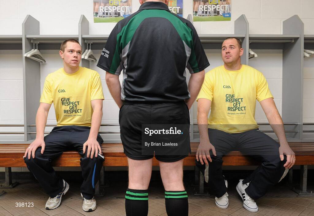 28 January 2010; The GAA has unveiled a new Respect Initiative aimed at fostering a new approach of fair play, mutual respect and good will to Gaelic football and hurling across all grades. A specific programme has been devised with clearly defined roles of responsibility for all of the key participants in our games including players, coaches, parents/guardians, managers and match officials. At the launch are Dublin footballer Dean Rock, left, and Kerry footballer Micheal Quirke, listening to football referee Marty Duffy. GAA Museum Auditorium, Croke Park, Dublin. Picture credit: Brian Lawless / SPORTSFILE  *** Local Caption ***