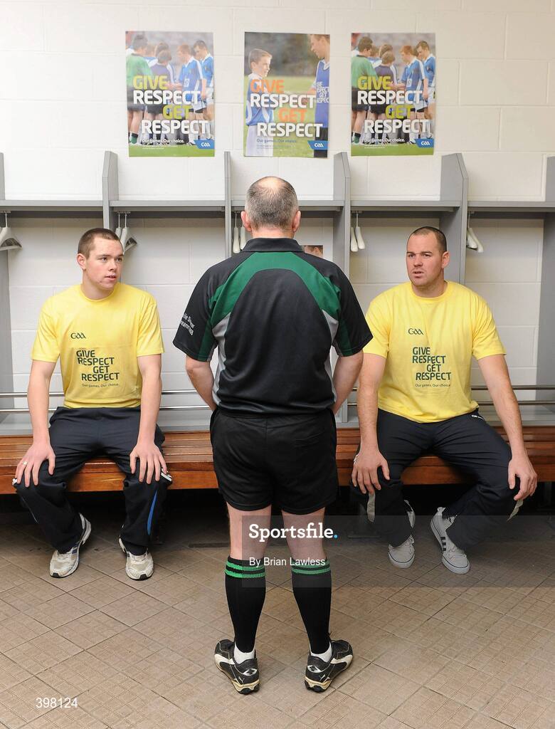 28 January 2010; The GAA has unveiled a new Respect Initiative aimed at fostering a new approach of fair play, mutual respect and good will to Gaelic football and hurling across all grades. A specific programme has been devised with clearly defined roles of responsibility for all of the key participants in our games including players, coaches, parents/guardians, managers and match officials. At the launch are Dublin footballer Dean Rock, left, and Kerry footballer Micheal Quirke, listening to football referee Marty Duffy. GAA Museum Auditorium, Croke Park, Dublin. Picture credit: Brian Lawless / SPORTSFILE  *** Local Caption ***
