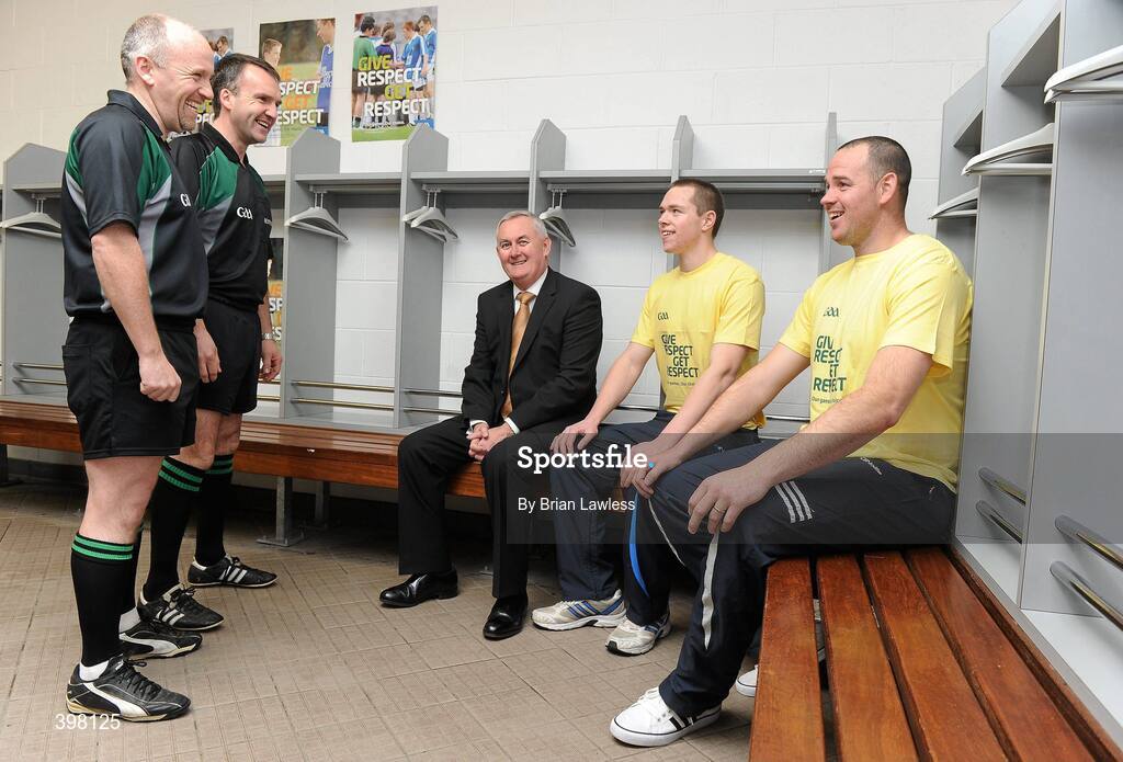 28 January 2010; The GAA has unveiled a new Respect Initiative aimed at fostering a new approach of fair play, mutual respect and good will to Gaelic football and hurling across all grades. A specific programme has been devised with clearly defined roles of responsibility for all of the key participants in our games including players, coaches, parents/guardians, managers and match officials. At the launch is Uachtarán Chumann Lúthchleas Gael Criostóir Ó Cuana, with from left, football referee Marty Duffy, hurling referee Diarmuid Kirwan, Dublin footballer Dean Rock, and Kerry footballer Micheal Quirke. GAA Museum Auditorium, Croke Park, Dublin. Picture credit: Brian Lawless / SPORTSFILE  *** Local Caption ***