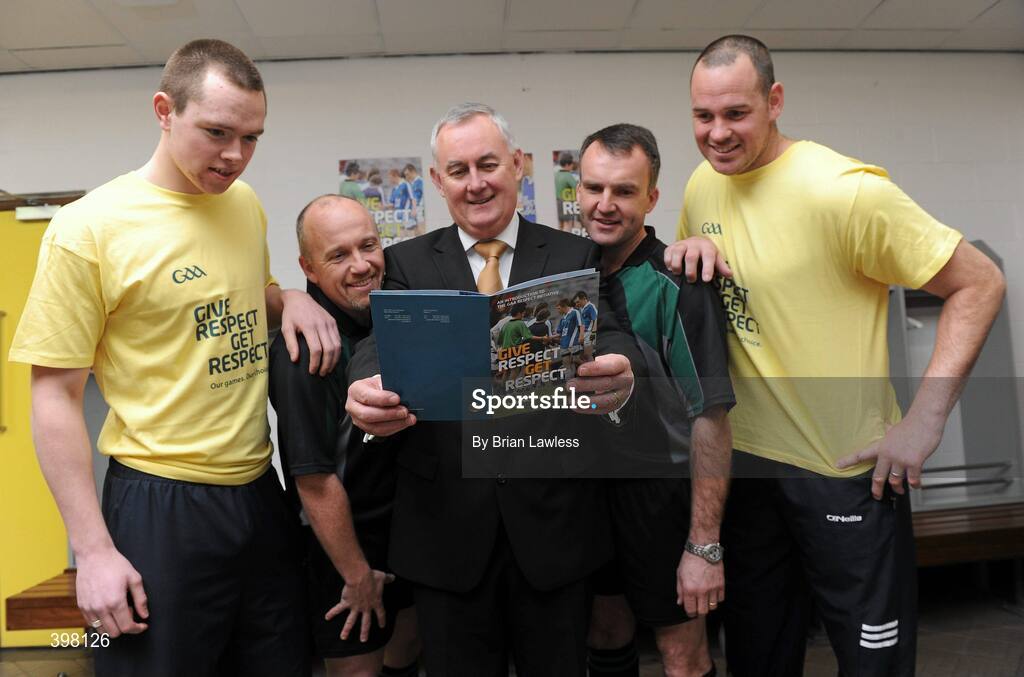 28 January 2010; The GAA has unveiled a new Respect Initiative aimed at fostering a new approach of fair play, mutual respect and good will to Gaelic football and hurling across all grades. A specific programme has been devised with clearly defined roles of responsibility for all of the key participants in our games including players, coaches, parents/guardians, managers and match officials. At the launch is Uachtarán Chumann Lúthchleas Gael Criostóir Ó Cuana, with from left, Dublin footballer Dean Rock, football referee Marty Duffy, hurling referee Diarmuid Kirwan, and Kerry footballer Micheal Quirke. GAA Museum Auditorium, Croke Park, Dublin. Picture credit: Brian Lawless / SPORTSFILE  *** Local Caption ***