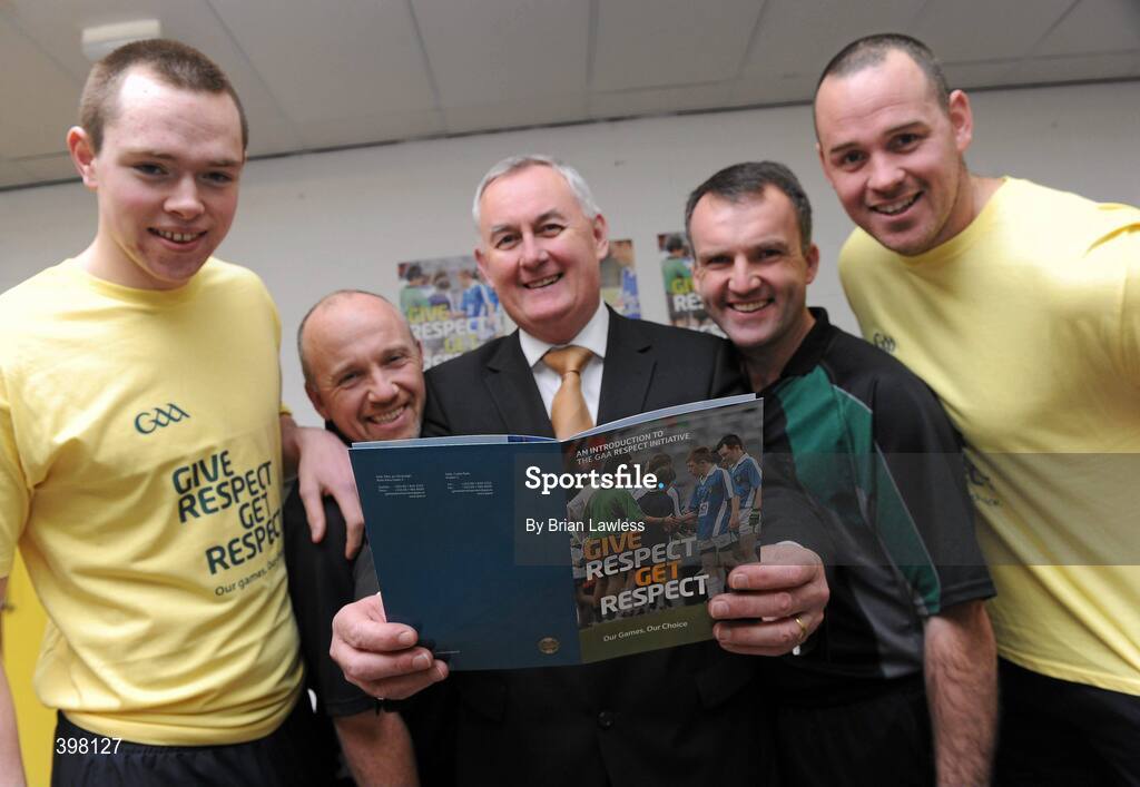 28 January 2010; The GAA has unveiled a new Respect Initiative aimed at fostering a new approach of fair play, mutual respect and good will to Gaelic football and hurling across all grades. A specific programme has been devised with clearly defined roles of responsibility for all of the key participants in our games including players, coaches, parents/guardians, managers and match officials. At the launch is Uachtarán Chumann Lúthchleas Gael Criostóir Ó Cuana, with from left, Dublin footballer Dean Rock, football referee Marty Duffy, hurling referee Diarmuid Kirwan, and Kerry footballer Micheal Quirke. GAA Museum Auditorium, Croke Park, Dublin. Picture credit: Brian Lawless / SPORTSFILE  *** Local Caption ***