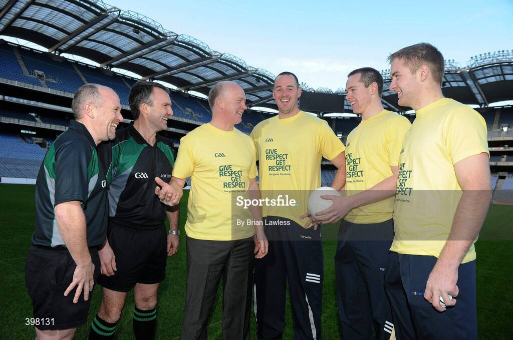28 January 2010; The GAA has unveiled a new Respect Initiative aimed at fostering a new approach of fair play, mutual respect and good will to Gaelic football and hurling across all grades. A specific programme has been devised with clearly defined roles of responsibility for all of the key participants in our games including players, coaches, parents/guardians, managers and match officials. At the launch is Former Dublin star Barney Rock, with from left, football referee Marty Duffy, hurling referee Diarmuid Kirwan, Kerry footballer Micheal Quirke, Dublin footballer Dean Rock, and Tipperary hurler Noel McGrath. GAA Museum Auditorium, Croke Park, Dublin. Picture credit: Brian Lawless / SPORTSFILE  *** Local Caption ***