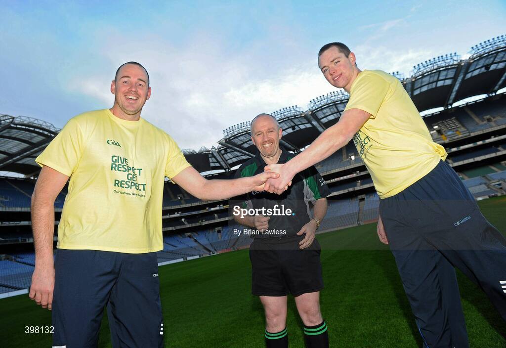 28 January 2010; The GAA has unveiled a new Respect Initiative aimed at fostering a new approach of fair play, mutual respect and good will to Gaelic football and hurling across all grades. A specific programme has been devised with clearly defined roles of responsibility for all of the key participants in our games including players, coaches, parents/guardians, managers and match officials. At the launch is referee Marty Duffy with Kerry footballer Micheal Quirke, and Dublin footballer Dean Rock. GAA Museum Auditorium, Croke Park, Dublin. Picture credit: Brian Lawless / SPORTSFILE  *** Local Caption ***