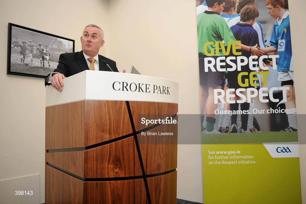 28 January 2010; The GAA has unveiled a new Respect Initiative aimed at fostering a new approach of fair play, mutual respect and good will to Gaelic football and hurling across all grades. A specific programme has been devised with clearly defined roles of responsibility for all of the key participants in our games including players, coaches, parents/guardians, managers and match officials. Speaking at the launch is Uachtarán Chumann Lúthchleas Gael Criostóir Ó Cuana. GAA Museum Auditorium, Croke Park, Dublin. Picture credit: Brian Lawless / SPORTSFILE  *** Local Caption ***