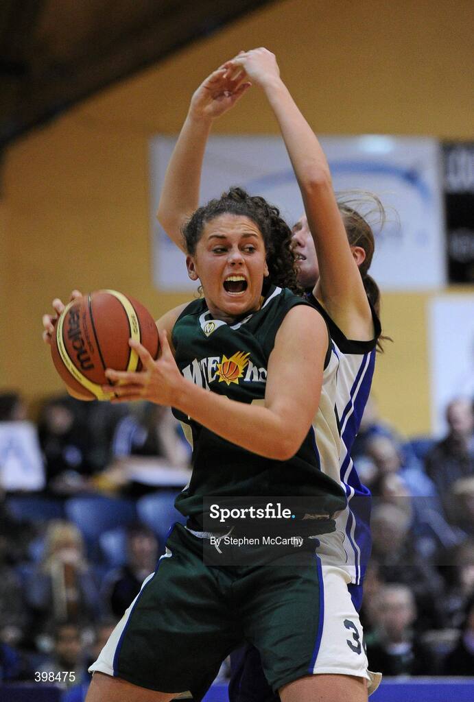 29 January 2010; Tessa Solan, Meteors, in action against Casey Grace, AOS Security Glanmire. Basketball Ireland Women’s Under 18 National Cup Final, AOS Security Glanmire, Cork, v Meteors, Dublin, National Basketball Arena, Tallaght, Dublin. Picture credit: Stephen McCarthy / SPORTSFILE