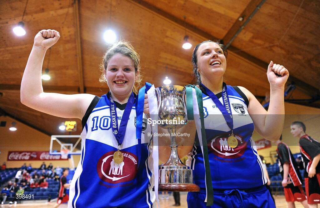 29 January 2010; AOS Security Glanmire captains Emily O'Callaghan, left, and Clodagh Scannell celebrate with the cup. Basketball Ireland Women’s Under 18 National Cup Final, AOS Security Glanmire, Cork, v Meteors, Dublin, National Basketball Arena, Tallaght, Dublin. Picture credit: Stephen McCarthy / SPORTSFILE
