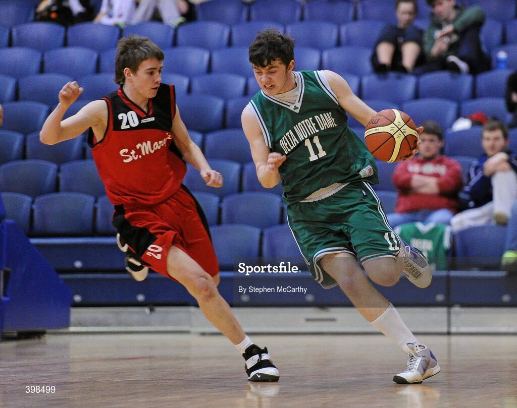 29 January 2010; Ian Lynch, Eanna, in action against Donagh O'Connell, St. Mary’s Castleisland. Basketball Ireland Men’s Under 18 National Cup Final, Eanna, Dublin V St. Mary’s Castleisland, Kerry, Tallaght, Dublin. Picture credit: Stephen McCarthy / SPORTSFILE